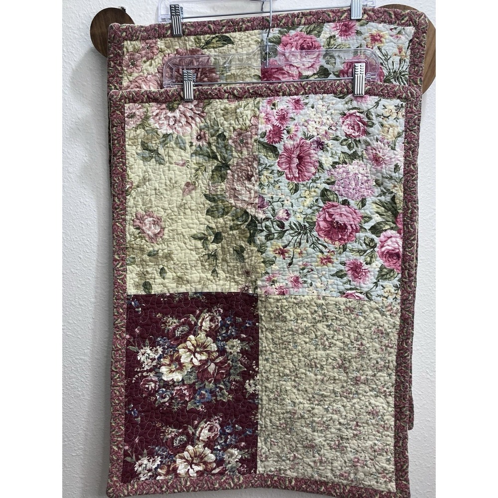 2 Vintage Patchwork Quilted Shams Floral Yellow Burgundy Quaint Cottagecore